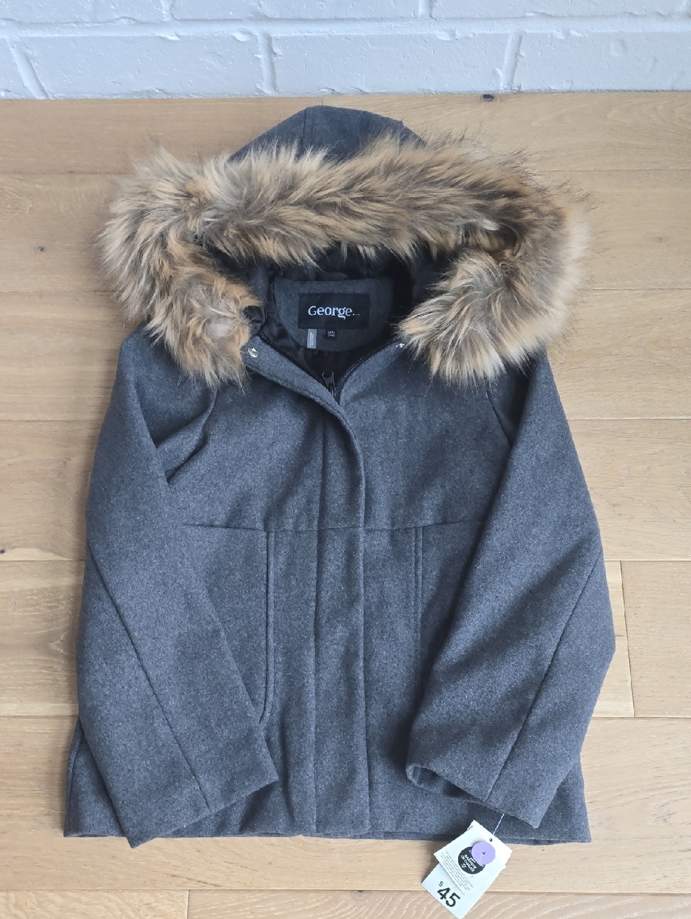 George Girl's Charcoal Gray Hooded Pea/Duffle Coat with Faux Fur Trim
